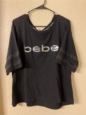 NWT Bebe Sport Black Sequin Logo Mesh Sleeve Top Plus Size 3X- L78